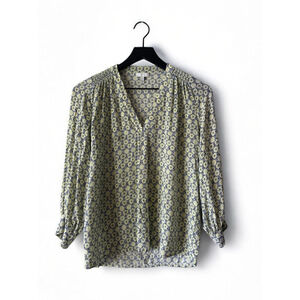 Joie Silk Boho Floral Blouse Small – Yellow & Navy Print V-Neck Long Sleeve